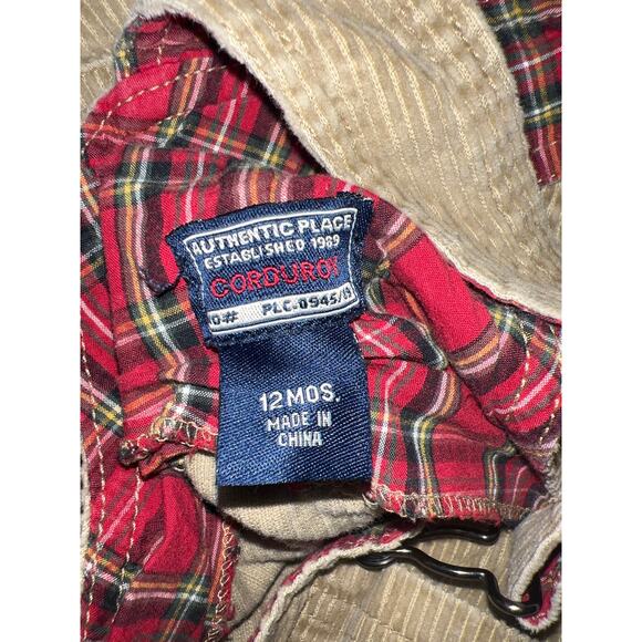 The children's place tan corduroy bib overalls puppy dog and red plaid size 12 m - Picture 5 of 6